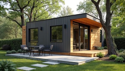 Modern accessory dwelling unit with wooden deck, patio furniture. Backyard cottage with dark gray exterior, light brown wooden accents. Stylish design with windows, patio area. Residential property