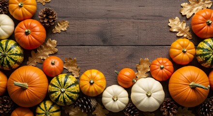 Autumn's Abundance, Pumpkins, Pine Cones, and Golden Leaves on Wood