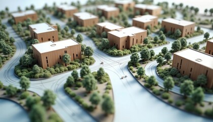 Residential area design plan shows wooden houses with curvy roads, landscaping. Model suggests architect design concept for urbanizing residential estate with meticulous attention to detail. Plan