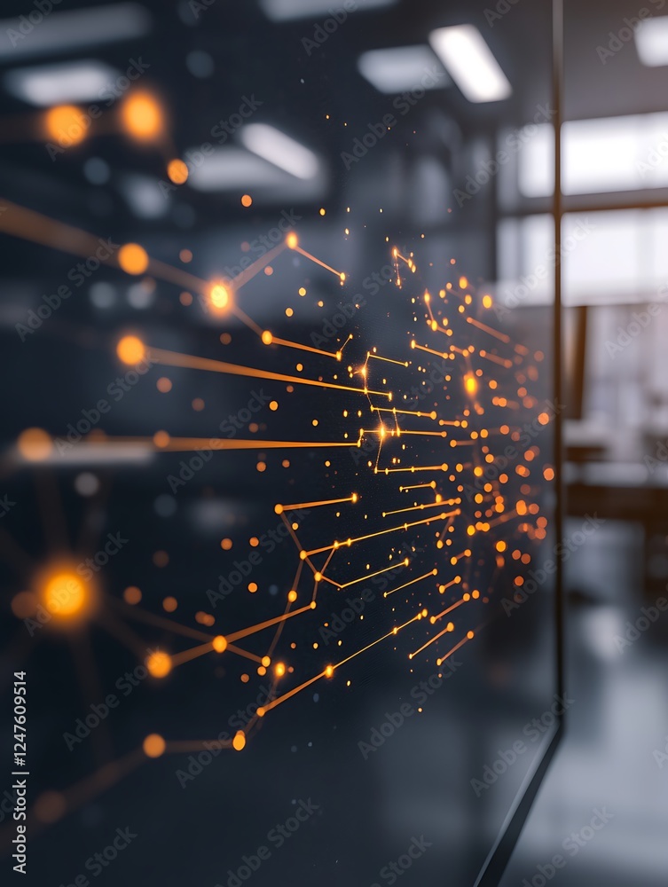 Poster Abstract digital network visualization with glowing particles on a dark surface.