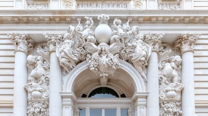 Obraz premium Intricate stone carving above doorway, classical building facade