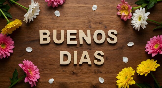 Wooden 'Buenos Dias' Surrounded by Fresh Flowers on Wood Texture