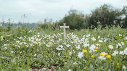 Obraz premium Simple wooden cross in a daisy field, rural landscape, peaceful scene, remembrance