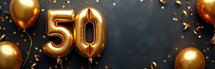 Golden foil balloons number fifty for celebration. Anniversary birthday party decor. Celebration balloons on black concrete background with confetti, ribbons. Festive party mood. Anniversary