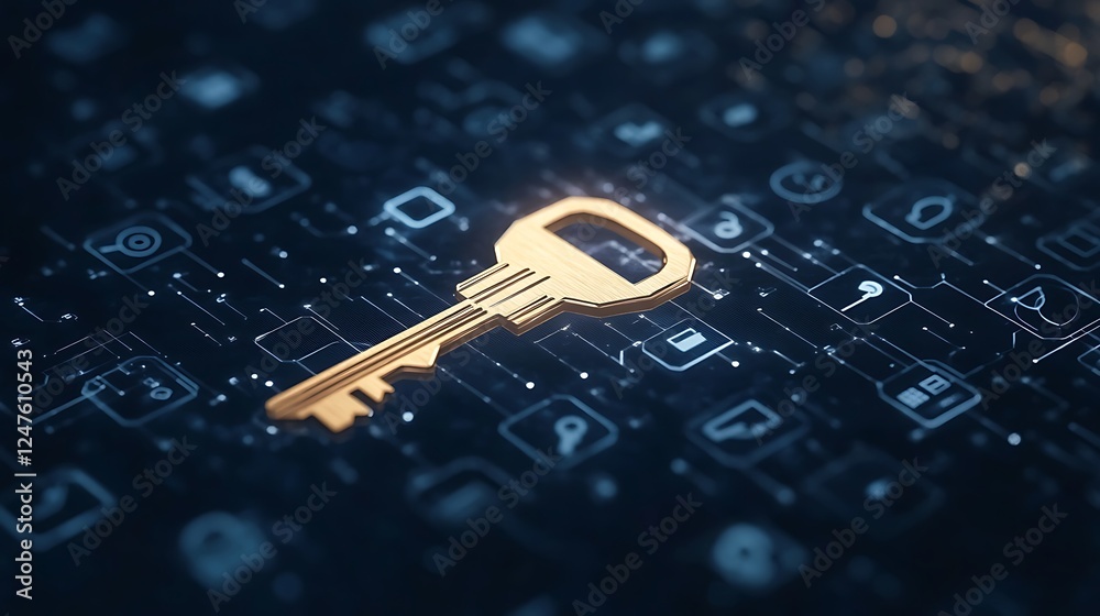 Fototapete Golden key on a digital background filled with icons representing security and technology.