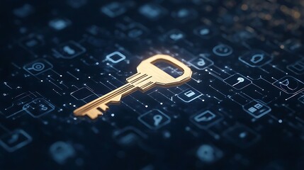 Golden key on a digital background filled with icons representing security and technology.