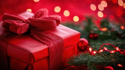 Obraz premium red christmas gift box with bow and lights