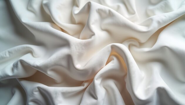High contrast white fabric with natural folds, wrinkles. Organic, natural material pattern. Gentle lighting highlights texture of fabric. Suggests softness, luxury. Suitable for home decor projects