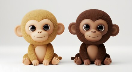 Adorable Pair of 3D Rendered Monkey Characters on a Clean Backdrop