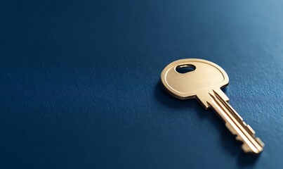A close-up of a golden key resting on a textured blue surface.