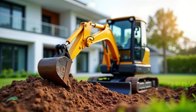 Mini excavator digs ground for home garden construction. Yellow machine prepares site for new plantings near modern house. Ground excavated. Construction equipment works in residential area. Garden