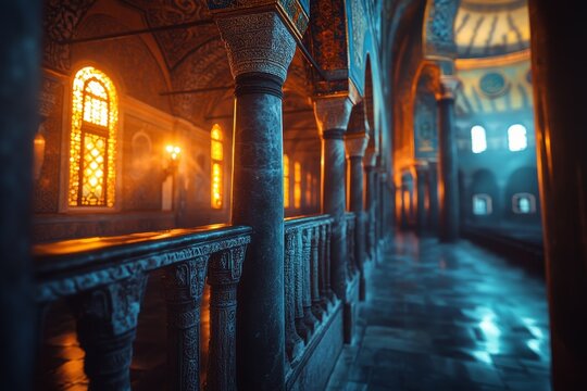 Istanbul mosque corridor, stained glass, ambiance