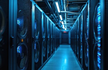 Data center interior shows cooling systems. Rows of server cabinets arranged in long aisle. Blue lights highlight cooling fans on dark metal cabinets. Tech infrastructure evident. Business operations