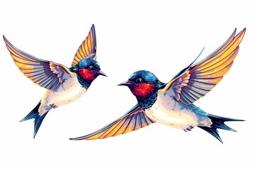 Obraz premium Barn Swallow Pair in Flight: Two vibrant barn swallows, depicted with artistic flair, soar gracefully through the air, their wings outstretched in dynamic motion.
