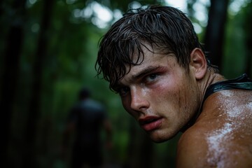 Fototapeta premium An intense young man glancing over his shoulder in a lush green forest, drenched in sweat and rain, symbolizing the urgency and thrill of outdoor adventure against nature's elements.