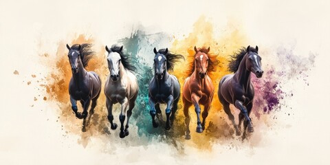 Fototapeta premium Colorful Horses Galloping in Abstract Watercolor Background