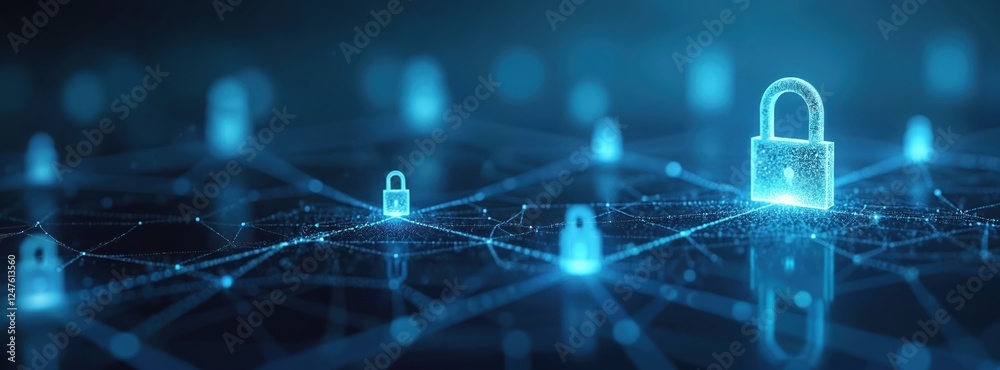 Poster secure digital network glow in dark blue backdrop. abstract network design show secure data connecti