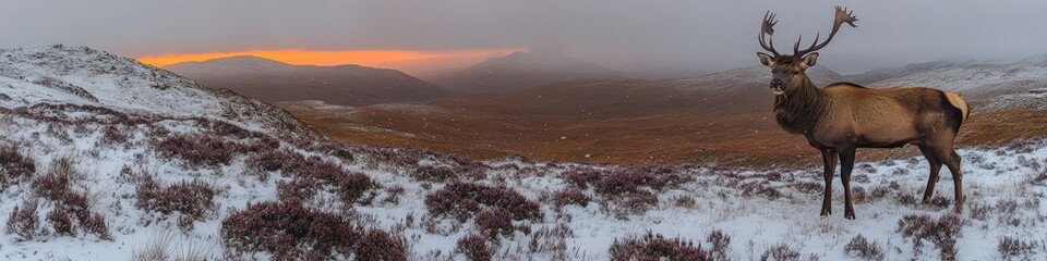 Majestic Elk in Snowy Mountain Landscape at Sunset - Stunning Wildlife Photography of Nature's Beauty with Winter Scene, Misty Hills, and Serene Atmosphere