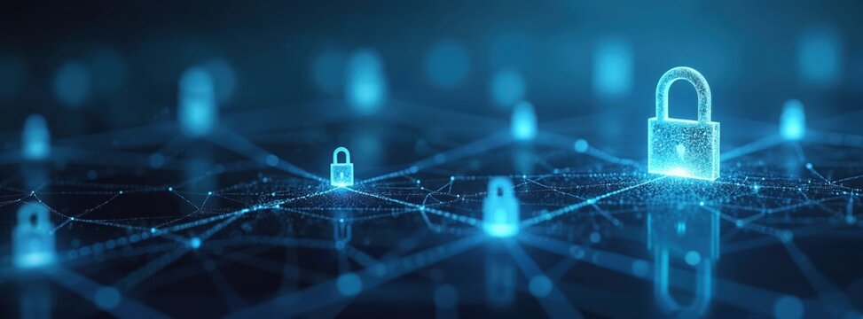 Secure digital network glow in dark blue backdrop. Abstract network design show secure data connections. Network secures data. Futuristic tech image. Advanced cyber security system. Safe digital