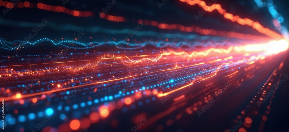 Fototapete abstract digital tech backdrop shows fast data transfer. blue, red light lines create motion blur ef