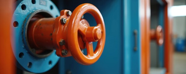 Closeup view of fire pipe outlet valve within cabinet. Orange valve handle, blue pipe flange. Industrial equipment. Manual operation for adjustment, connection. Sturdy metal construction. Efficient,