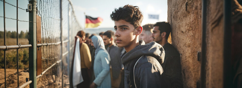 refugees at borders with German flag, young teenager boy, many people waiting and locked out, entry blocked, migration, fictional place