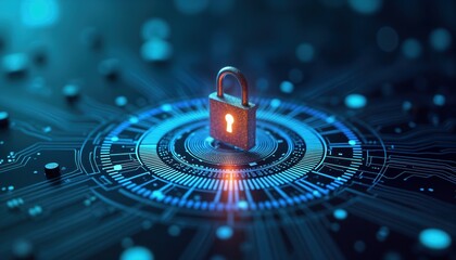 Secure tech system safeguards data. Futuristic circuit board graphic shows secure system. AI protects healthcare, life insurance info. Cybersecurity, data safety key themes. Innovative solution