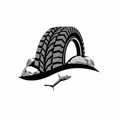 Tire and Fish Logo: A sleek, minimalist logo featuring a tire tire arching over rocks with a fish leaping out of the water, symbolizing overcoming challenges,  strength, and progress. 