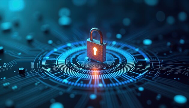 Secure tech system safeguards data. Futuristic circuit board graphic shows secure system. AI protects healthcare, life insurance info. Cybersecurity, data safety key themes. Innovative solution - Powered by Adobe