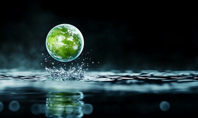 A green globe splashes into water, symbolizing nature and environmental themes.