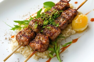 Grilled meat skewers elegantly plated with risotto and garnish
