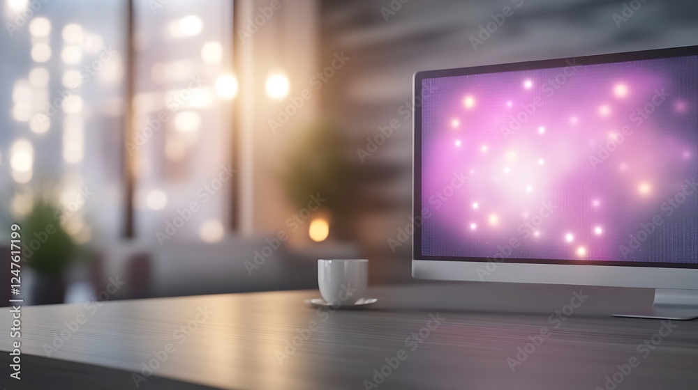Fototapete modern workspace with a computer displaying a purple abstract design and a coffee cup on a desk.