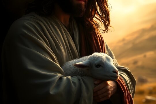 Jesus Christ holding a lamb. Love, kindness and care.