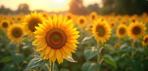 Obraz premium Beautiful sunflower field at sunrise. Bright yellow sunflowers stand tall in vast field. Blurred background creates gentle summer ambiance. Perfect for greeting cards general nature photos. Stunning
