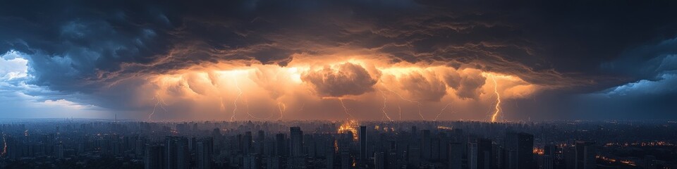 Obraz premium Dramatic Storm Clouds Over City Skyline with Stunning Sunset Lightning, Panoramic Aerial View of Urban Landscape Under Dark Skies and Natural Phenomena