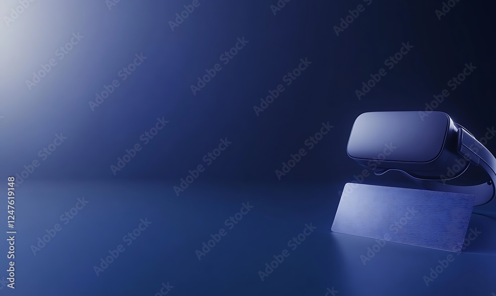 Poster futuristic device on a reflective surface with soft blue lighting.