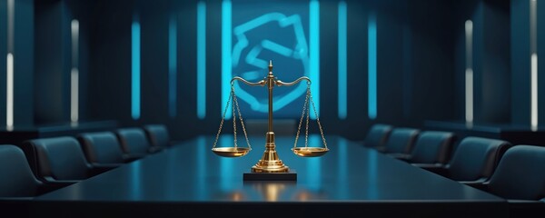 Gold scales of justice stand on table in dark futuristic law room. Glowing tech lines create digital legal atmosphere. Legal tech, digital law concepts presented. Futuristic style courtroom. Abstract