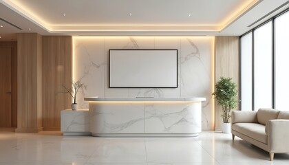 Modern clinic reception area with elegant design. White marble reception counter, light wooden walls. Blank TV screen above. Bright, spacious interior. Contemporary architecture, design. Comfortable