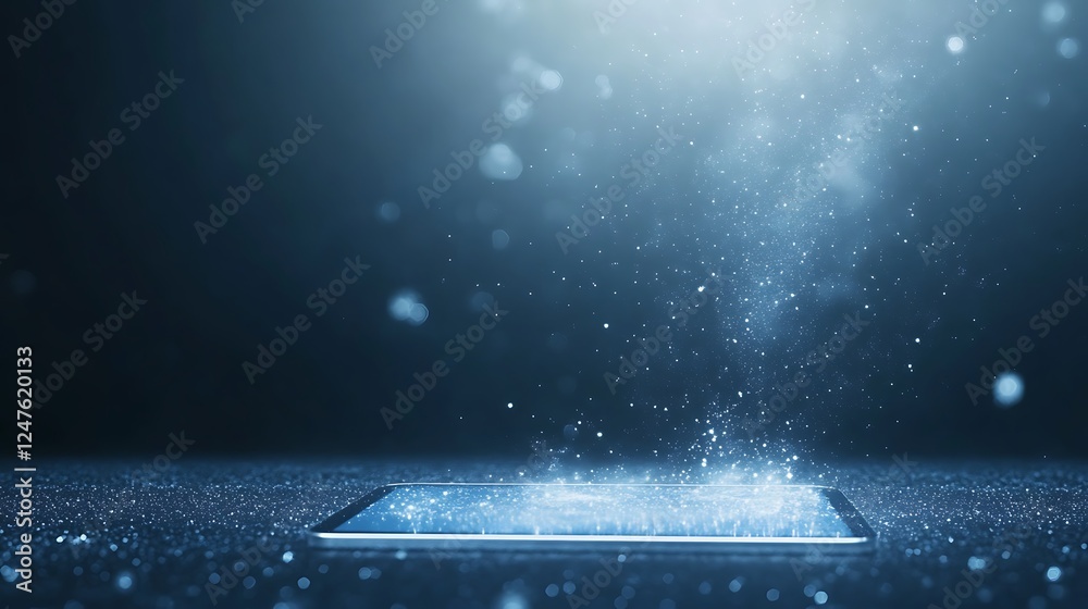 Poster mysterious blue light shines on a surface surrounded by floating particles and water droplets.