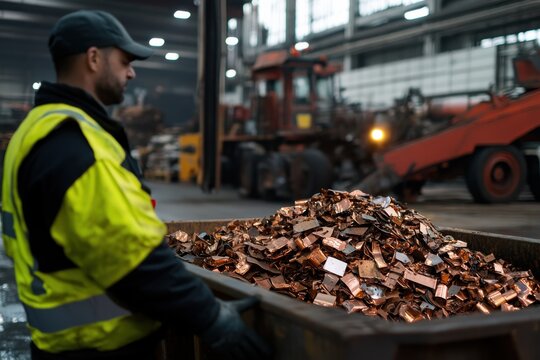 A worker transports a large load of copper scrap in a recycling facility, highlighting the importance of recycling and metal recovery in industrial settings.