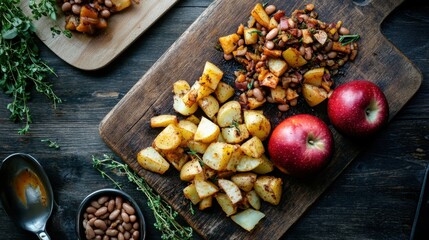 Fototapeta premium roasted potatoes apples and beans on wooden board