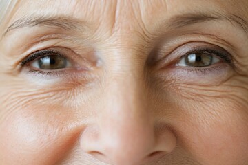 Senior woman smiling close-up showcasing bright eyes and joyful expression during a sunny day outdoors