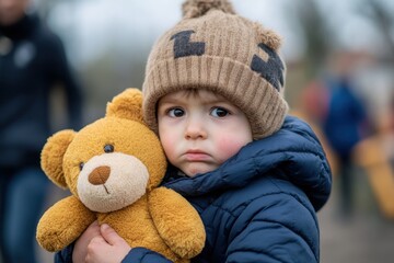 A young child wearing a knitted hat, hugging a teddy bear tightly while displaying a melancholic expression in a park setting, evoking emotions of comfort and vulnerability.