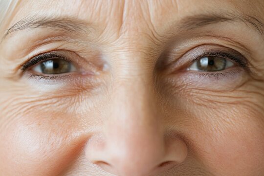 Senior woman smiling close-up showcasing bright eyes and joyful expression during a sunny day outdoors - Powered by Adobe