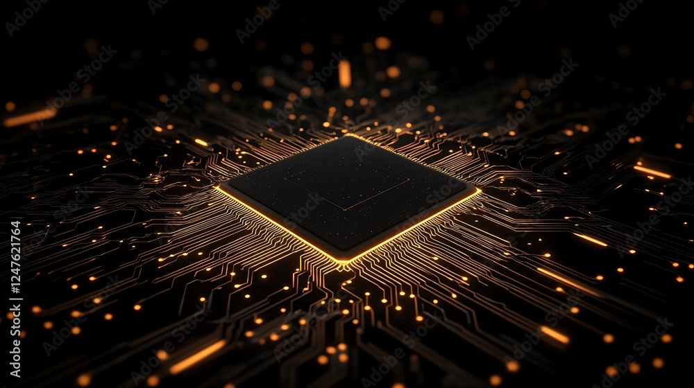Poster Futuristic computer chip surrounded by glowing circuitry on a dark background.