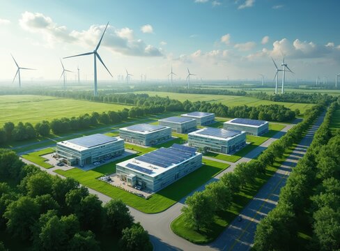 Modern eco-friendly data centers stand amid green fields, renewable energy sources. Solar panels cover building rooftops. Wind turbines generate clean energy. Sustainable tech practices highlighted.
