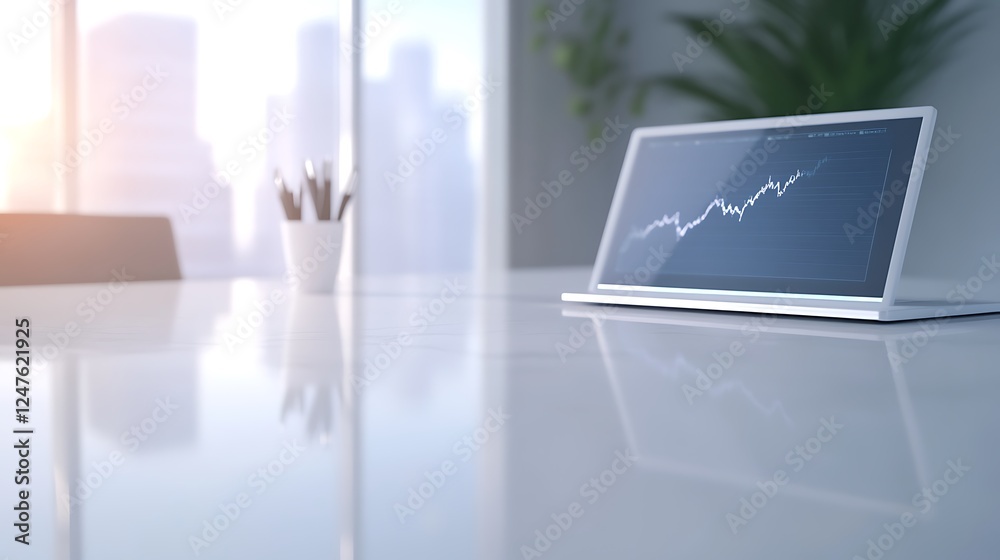 Aufkleber Modern workspace with a laptop displaying data analytics against a cityscape backdrop.