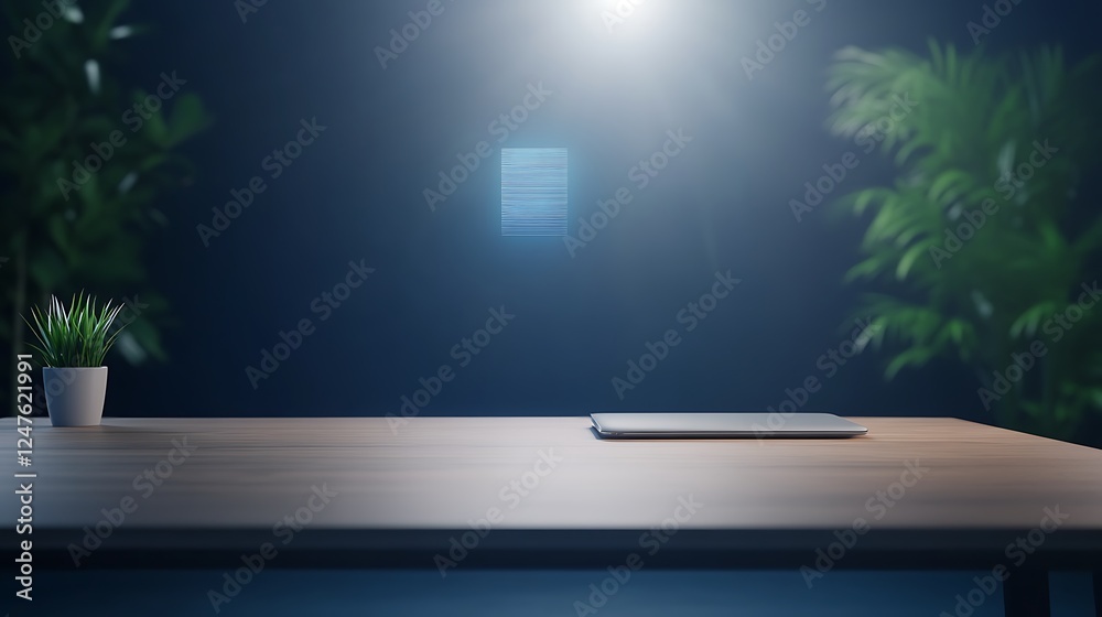 Leinwandbilder Futuristic office desk design featuring a floating AI assistant in a modern workspace setting.