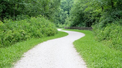 Obraz premium Winding gravel path through lush green forest. Ideal for hiking or nature photography