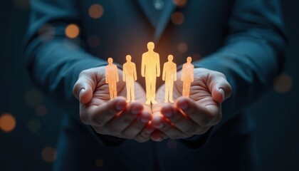 Hands hold glowing holographic figures representing leadership, teamwork in futuristic tech business concept. Team members symbolized digitally. Image shows support, empowerment for employees. Modern